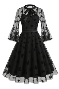 Black Illusion Neck Bell Sleeves A-line Vintage Dress with Butterfly