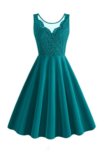 Teal Sleeveless Lace Top A-line Vintage Dress