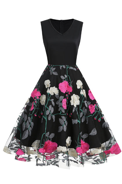 Black Floral Embroidery A-line Sleeveless Vintage Dress
