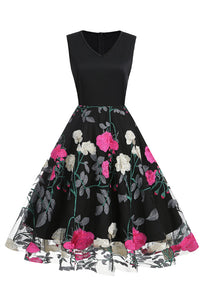 Black Floral Embroidery A-line Sleeveless Vintage Dress