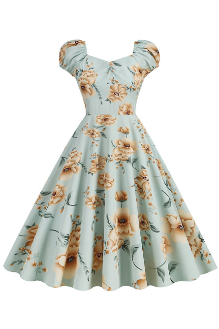 5 Styles Puff Sleeves A-line Floral Vintage Dress