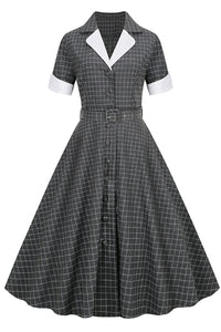 Grey Lapel A-line Plaid Buttons Vintage Dress