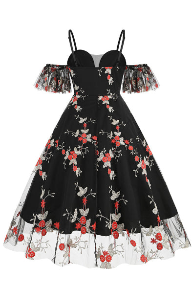 5 Styles Cold Shoulder A-line Floral Vintage Dress