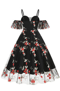 5 Styles Cold Shoulder A-line Floral Vintage Dress