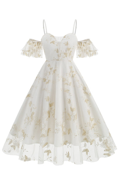5 Styles Cold Shoulder A-line Floral Vintage Dress