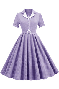 Herbene Pruple Shirt Collar Plaid Dress