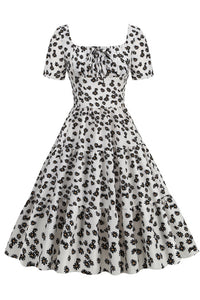 White Floral A-line Short Sleeves Vintage Dress