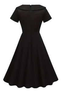 Black Folded Neck Short Sleeves A-line Vintage Dress