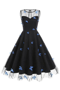 Black Illusion Neck Sleeveless A-line Vintage Dress with Blue Butterfl   Dreamdressy