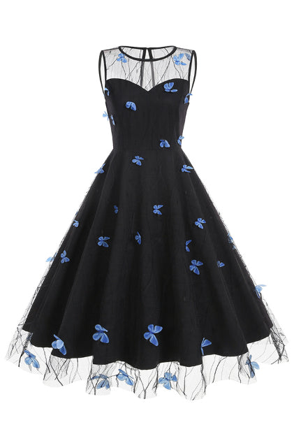 blue black illusion dress Neck Sleeveless A-line Vintage with Butterfly Tea-length Luxurious Black Gold Sequin Color:Black Cherry