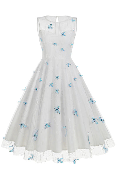 Black Illusion Neck Sleeveless A-line Vintage Dress with Blue Butterfl Dreamdressy Black Illusion Neck Sleeveless A-line Vintage Dress with Blue Butterfl Dreamdressy