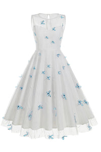 Black Illusion Neck Sleeveless A-line Vintage Dress with Blue Butterfl –  Dreamdressy