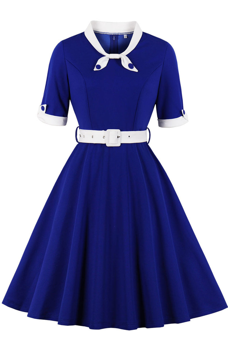 Royal Blue Ribbon Collar A-line Short Sleeves Vintage Dress – Dreamdressy