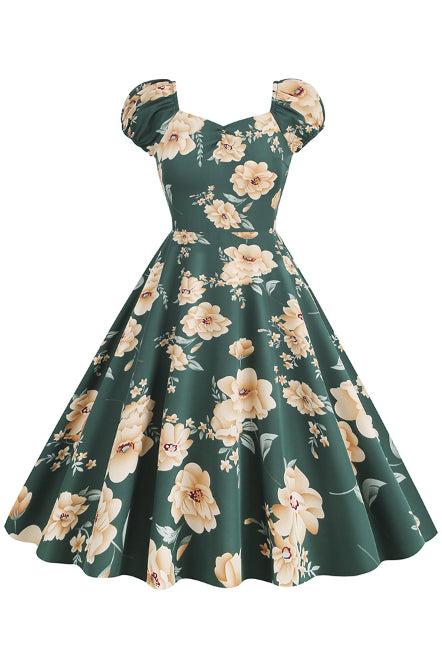 Hunter Green Floral A-line Puff Sleeves Vintage Dress