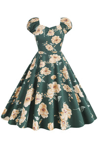 Hunter Green Floral A-line Puff Sleeves Vintage Dress