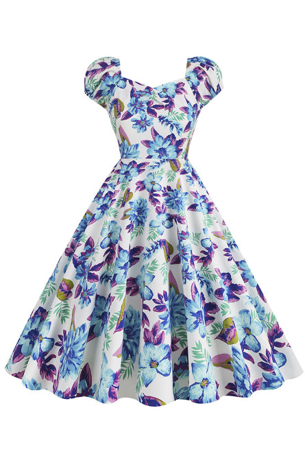 Blue Floral A-line Puff Sleeves Vintage Dress