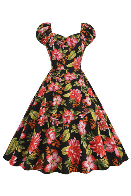 Rose Pink Floral A-line Puff Sleeves Vintage Dress