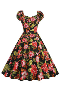 Rose Pink Floral A-line Puff Sleeves Vintage Dress