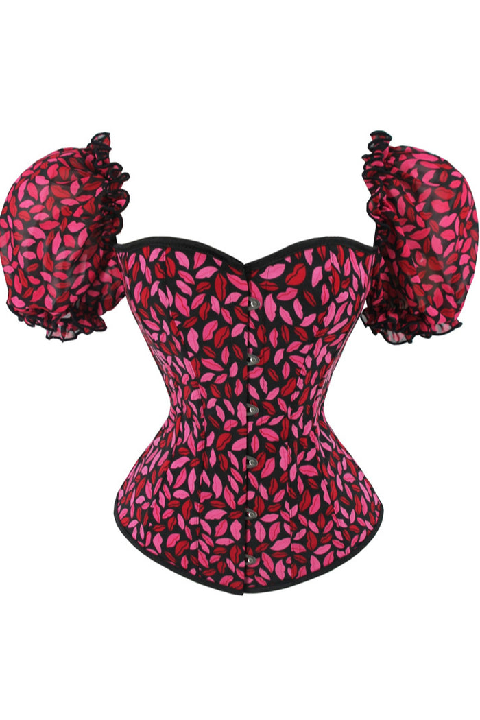 Red Ruffled Puff Sleeves Lace-Up Lips Prints Bustier Corset Top