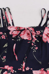Navy Blue A-line Silp Vintage Dress with Pink Floral