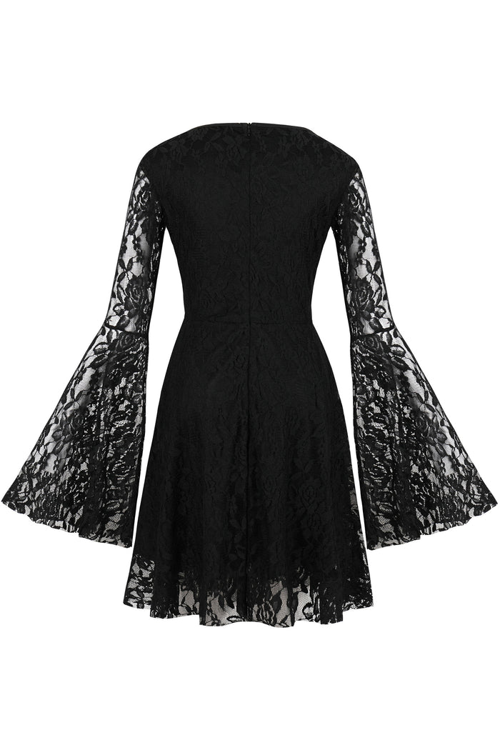 Black Lace Long Bell Sleeves A-line Vintage Dress – Dreamdressy