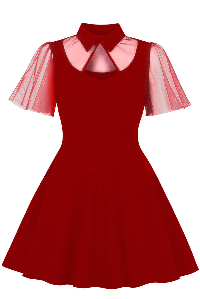 Red Flaunt Sleeves Short Collar A-line Vintage Dress