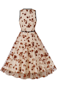 Apricot A-line Floral Sleeveless Vintage Dress