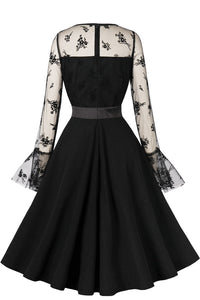 Black Floral Bell Sleeves A-line Vintage Dress