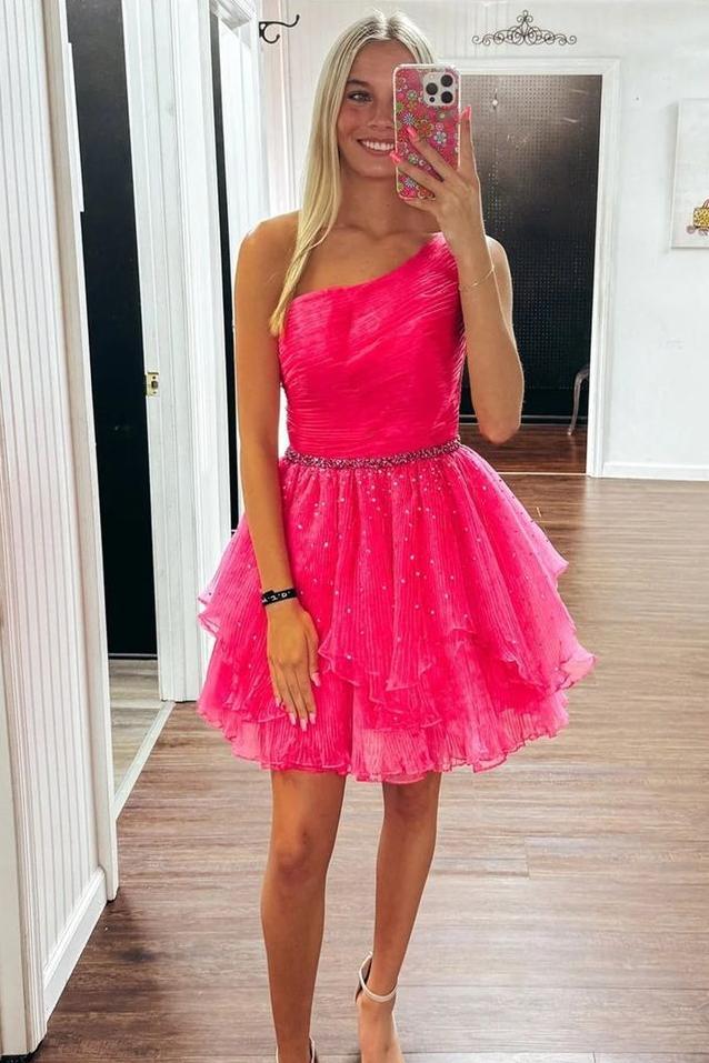 Hot Pink One Shoulder A-line Short Homecoming Dress