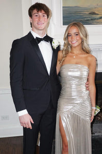 Strapless Metallic Silver Pleated Long Dress