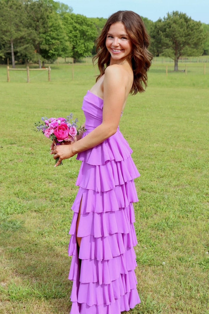 Strapless Purple Ruffle Tiered Long Dress with Slit