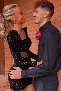 Iridescent White Sequins Long Sleeves Square Neck Homecoming Dress