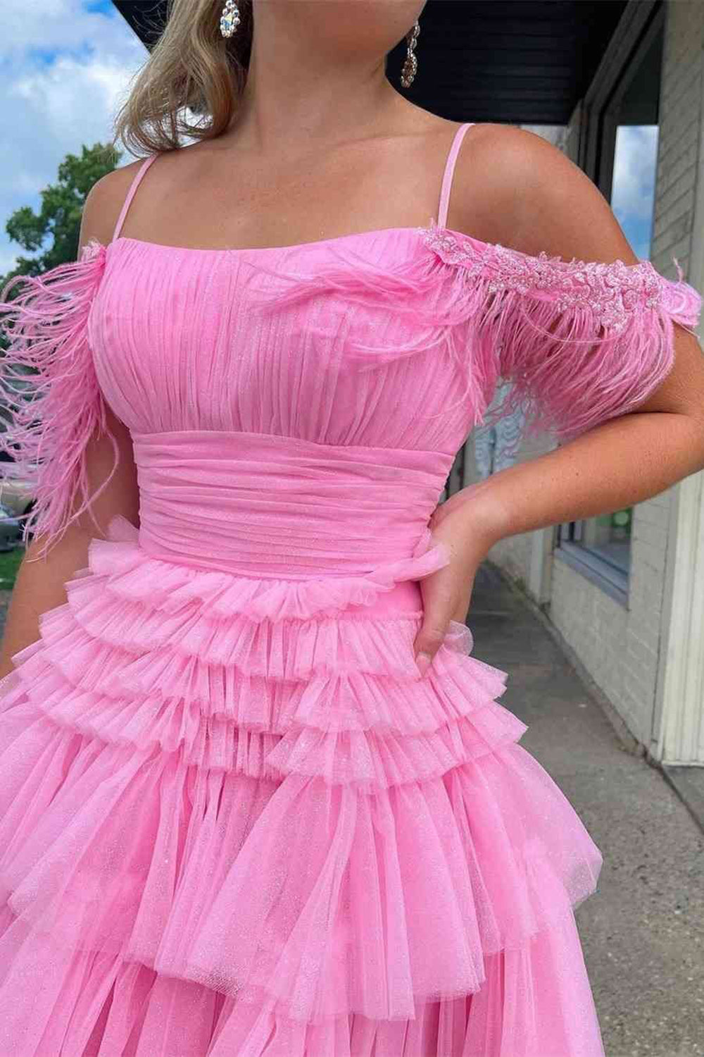 Black Off-the-Shoulder Multi-Layers Homecoming Dress with Feathers