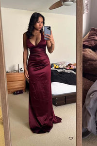 Navy Blue V Neck Satin Fitted Long Formal Dress