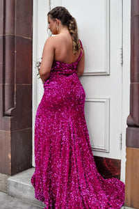 Ivory Mermaid One Shoulder Sequins Sweeping Long Prom Dress with Slit
