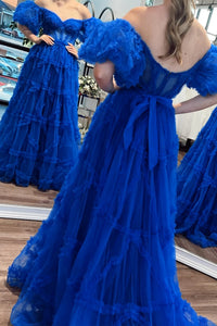 Princess Pink Off-the-Shoulder A-Line Prom Dress with Ruffles