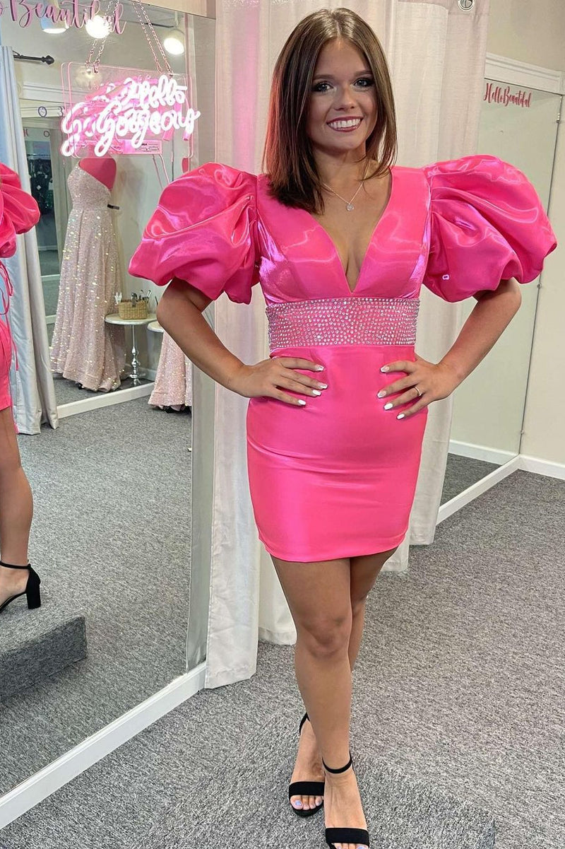 na kd fashion pink puff sleeve shirring mini dress Beaded Waist Bodycon Short Party – Dreamdressy INV-75377 Pair with heels or Color:CYAN BLUE Sister Jane Enchanted Bow
