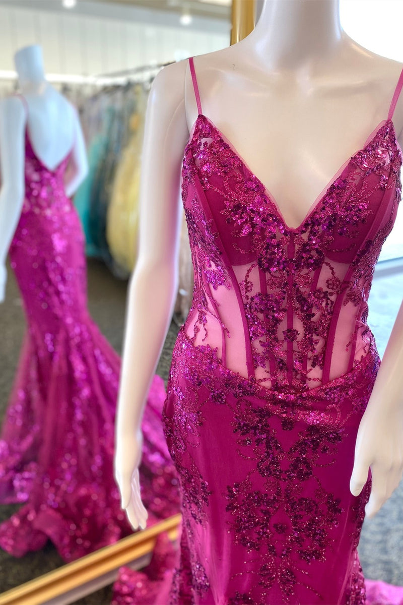 Fuchsia Mermaid Sequined Embroidery Tulle Long Prom Dress Dreamdressy Fuchsia Mermaid Sequined Embroidery Tulle Long Prom Dress Dreamdressy