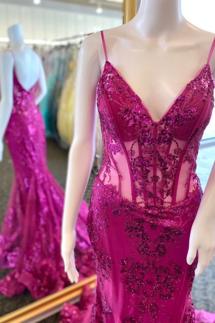 Fuchsia Mermaid Sequined Embroidery Tulle Long Prom Dress