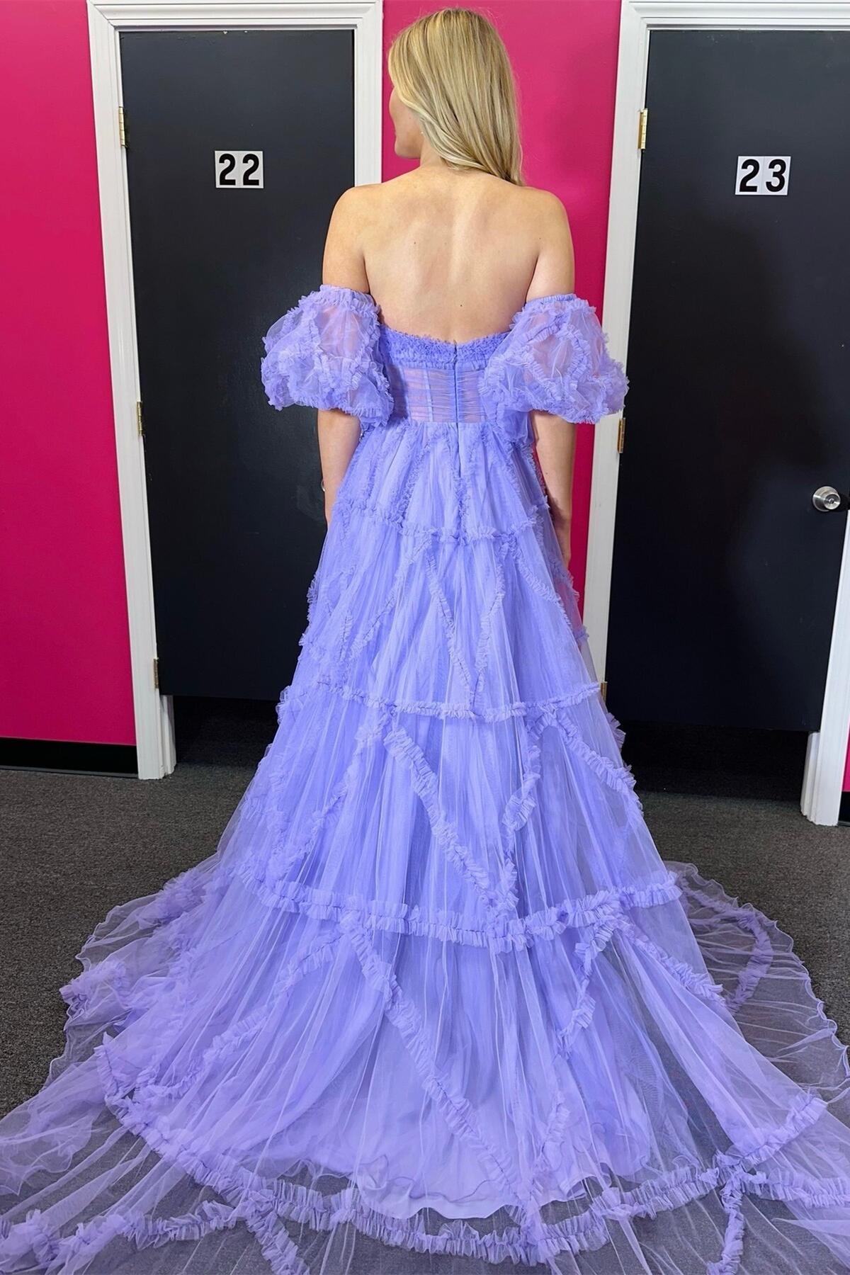 Fuchsia Strapless Tulle A-line Ruffles Long Prom Dress