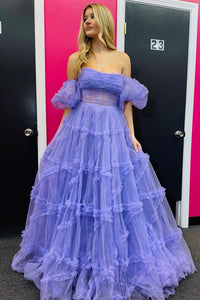 Fuchsia Strapless Tulle A-line Ruffles Long Prom Dress