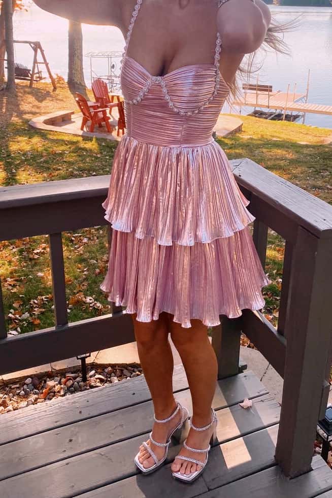 Straps Pink Pleated A-line Short Ruffle Dress Straps Pink Pleated A-line Short Ruffle Dress