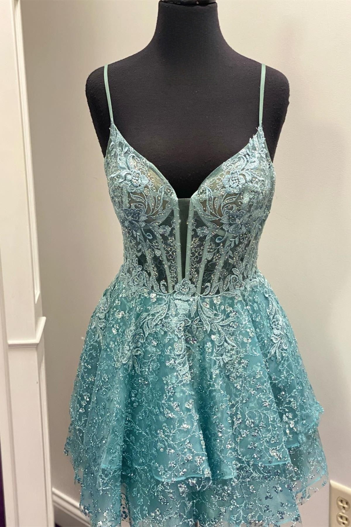 cyan homecoming dress Simple Cyan Satin V Neck Sleeveless Prom Ball Gown