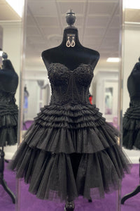 Red Strapless Appliques Tulle Multi-Layers Homecoming Dress