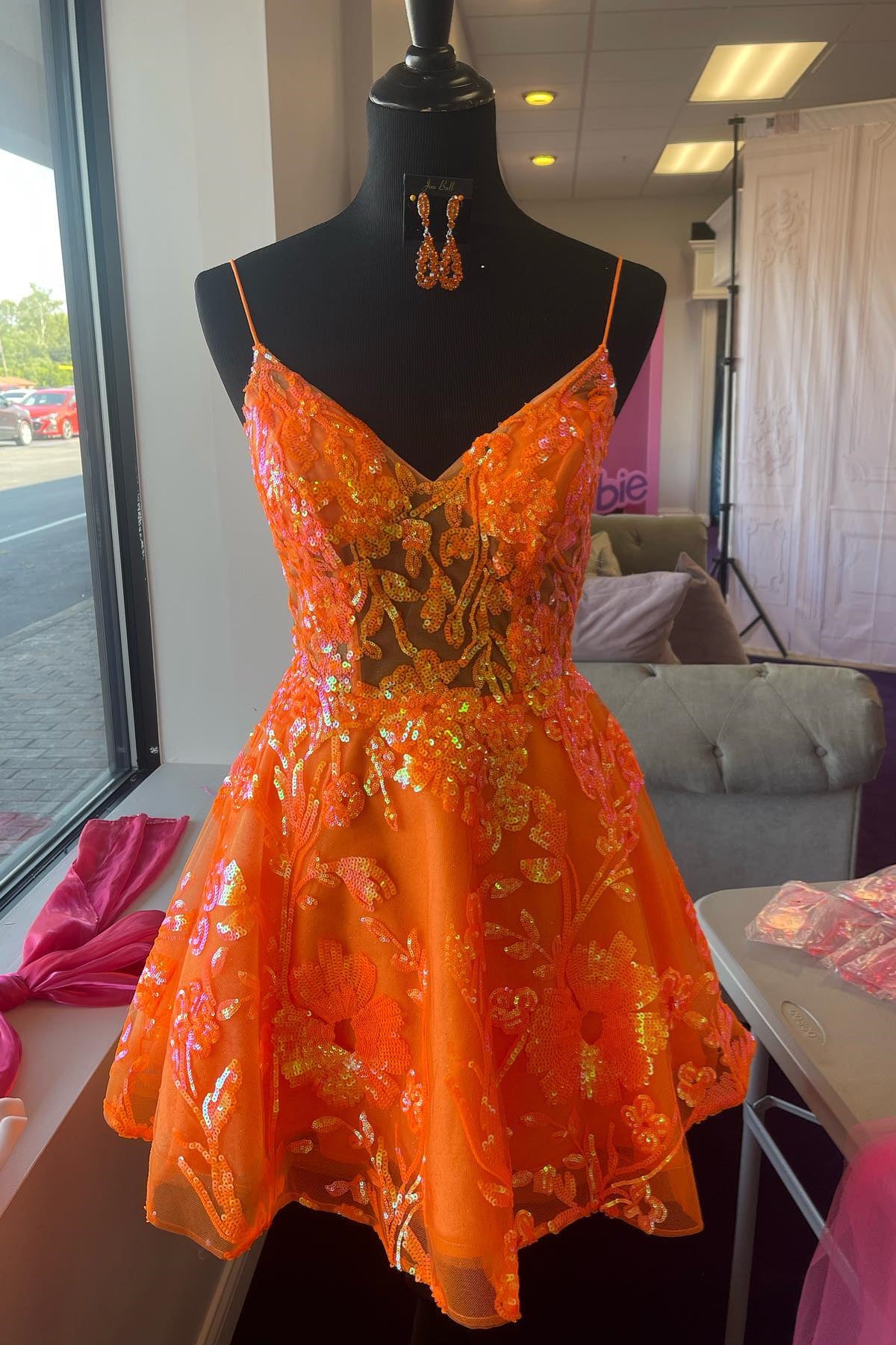 open lace back dress Cute Bodycon V Neck Orange Sequins Short Homecoming Dresses AB092102 –  Anniebride main image 1