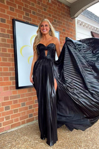 Strapless Blue Metallic Pleated Keyhole Long Dress