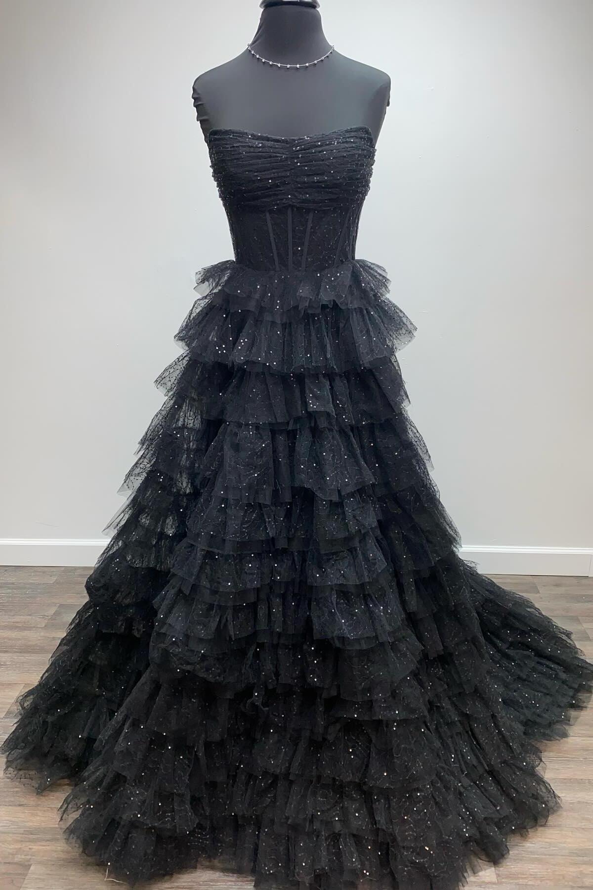 Gold Strapless Sequined A-line Multi-Layers Long Prom Dress