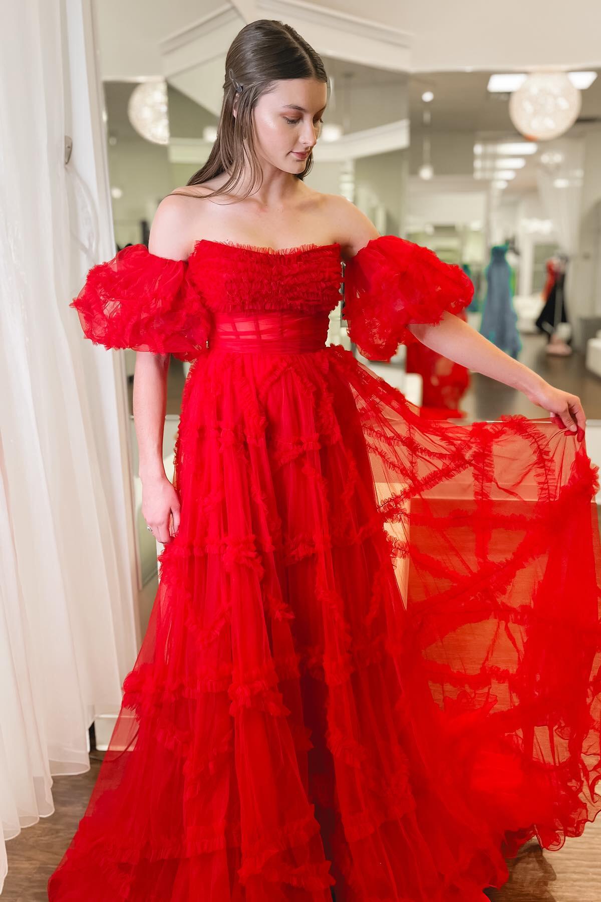 Fuchsia Strapless Tulle A-line Ruffles Long Prom Dress