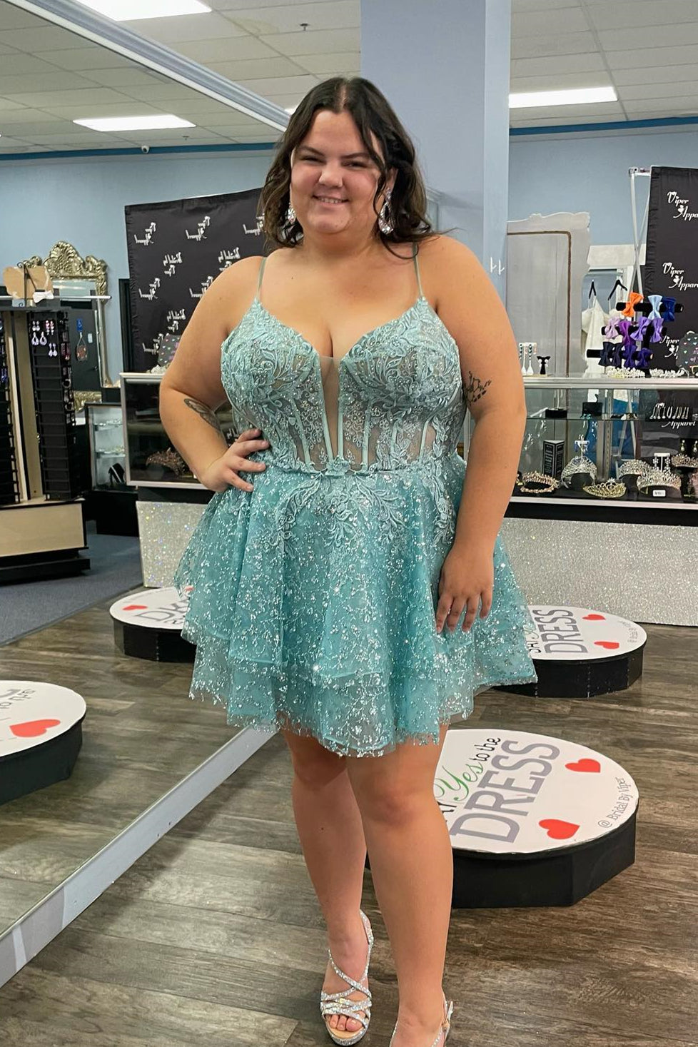 Turquoise Straps Deep V Neck Appliques A-line Multi-Layers Homecoming – Dreamdressy
