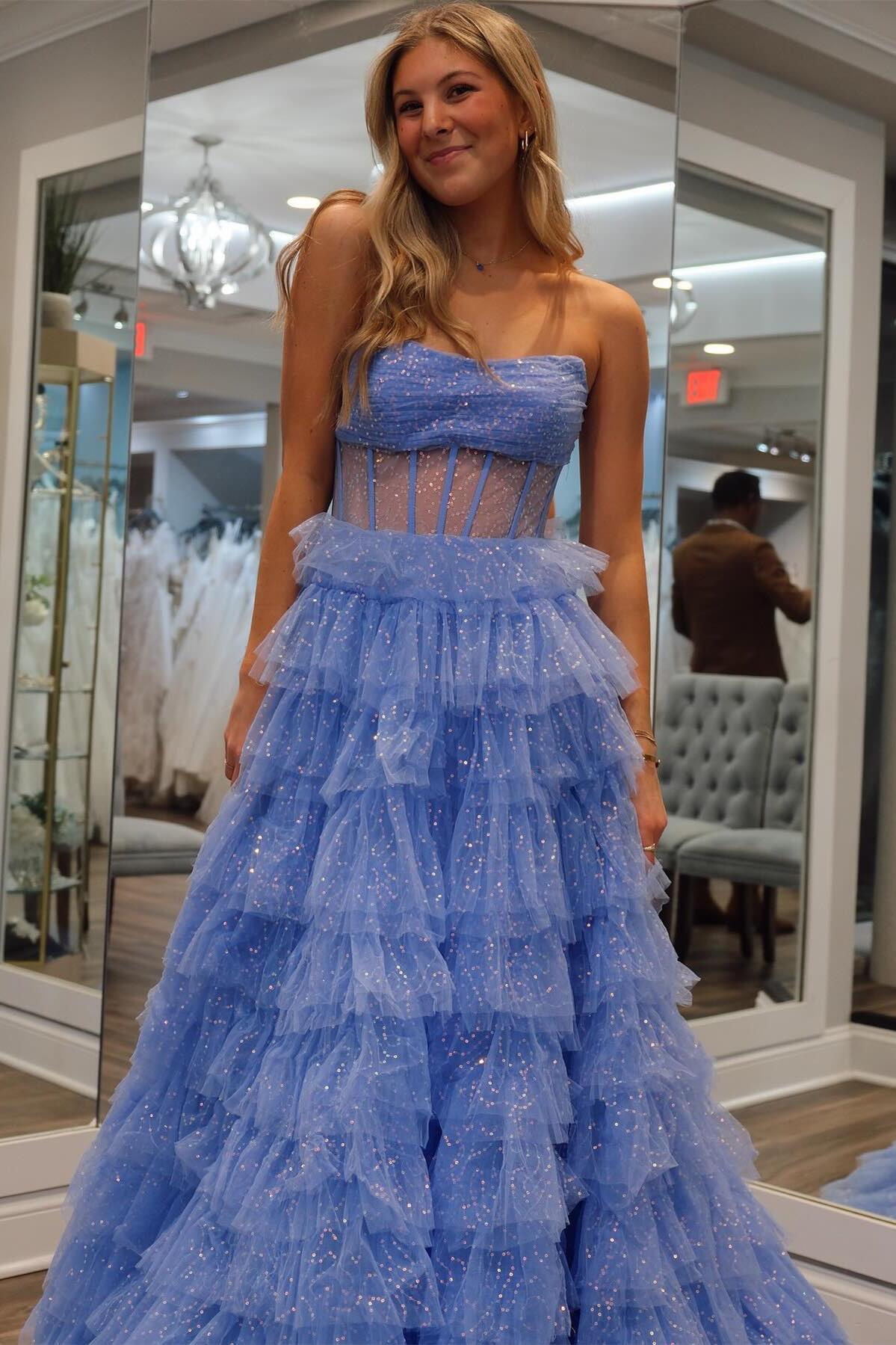 Gold Strapless Sequined A-line Multi-Layers Long Prom Dress